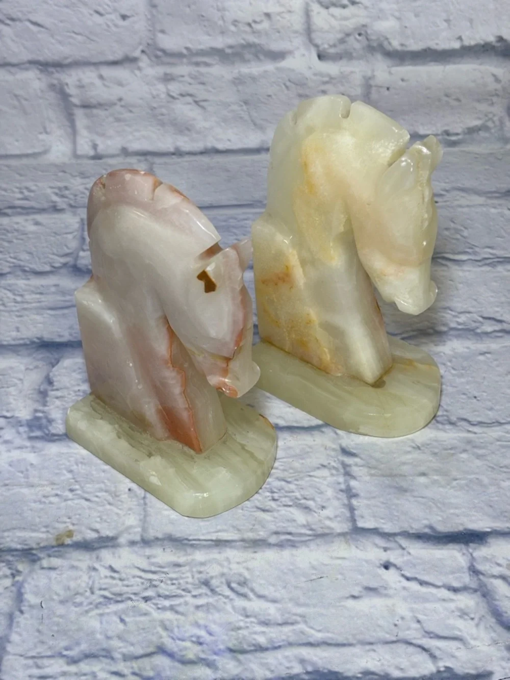 Vintage Hand-Carved Onyx Stone Trojan Horse Head Bookends MCM Art Deco
